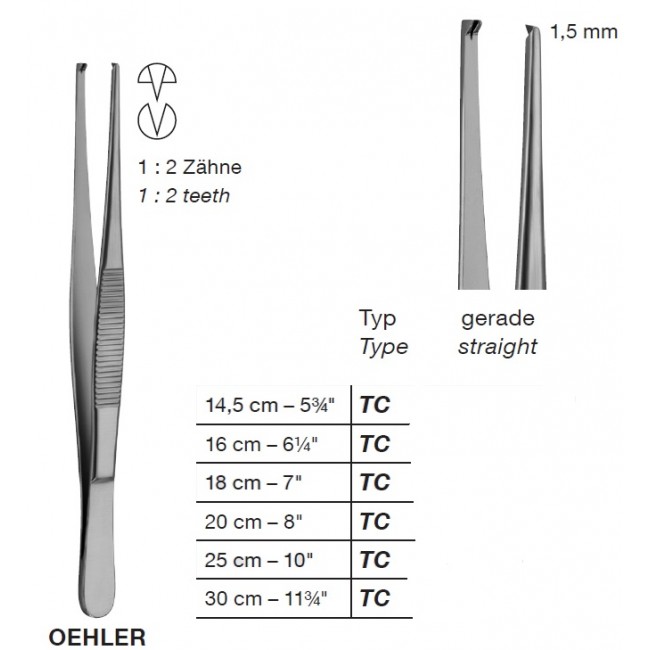 T/C OEHLER Delicate Tissue Forceps,1.5mm, 1X2 Teeth 