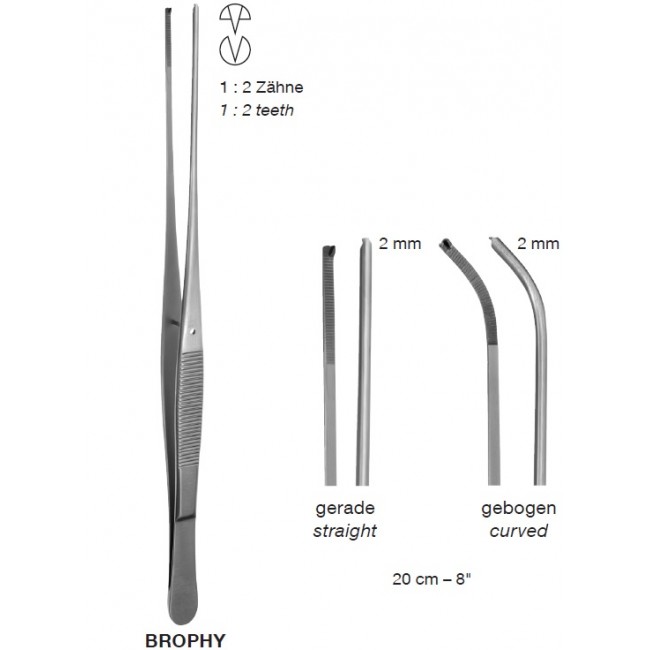 BROPHY Delicate Tissue Forceps, 2 mm, 1X2 Teeth , 20 cm