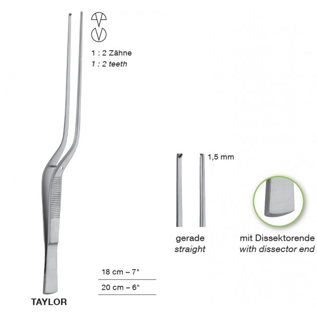 TAYLOR With Dissector End, Delicate Tissue Forceps,1.5 mm, 1X2 Teeth