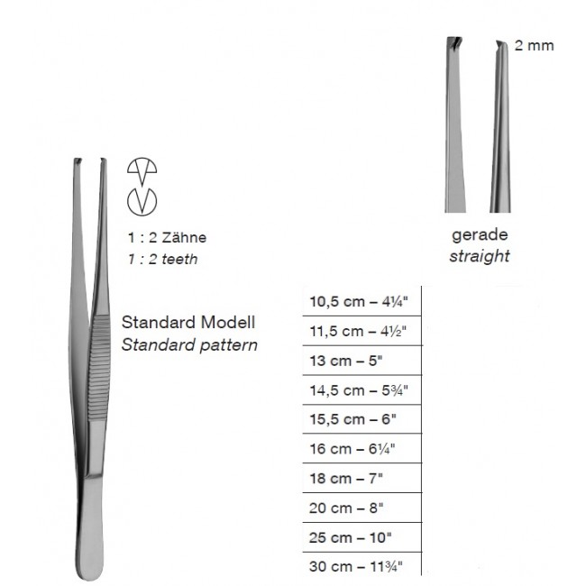 Standard Pattern,Delicate Tissue Forceps,2 mm, 1X2 Teeth