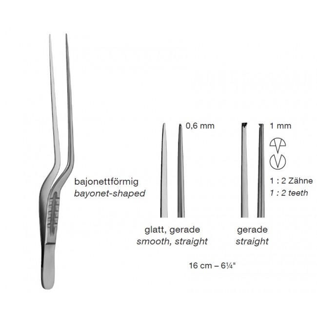 Bayonet-Shaped ,Dissecting Micro Forceps,Straight,Smooth, 16 cm, 1 X  2 Teeth