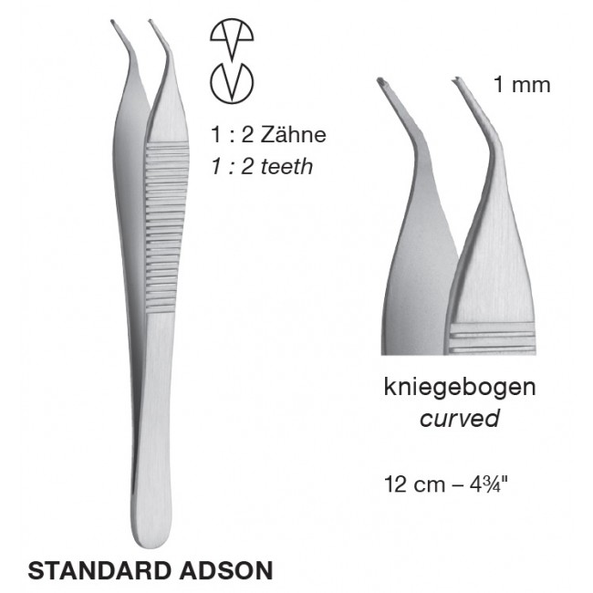 Standard Adson Delicate Tissue Forceps ,Curved,1 mm, 1X2 Teeth, 12 cm