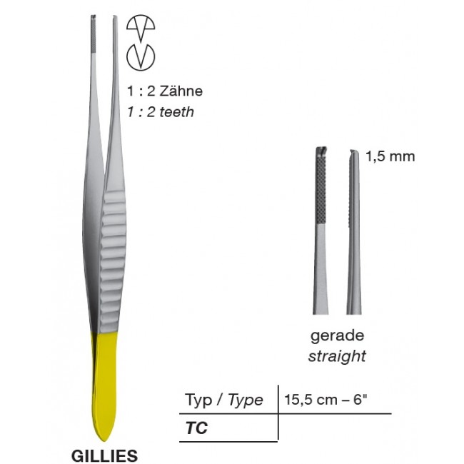 Gillies T/C Delicate Tissue Forceps,1.5 mm, 1X2 Teeth, 15.5 cm 