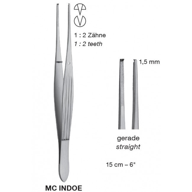 Mcindoe Delicate Tissue Forceps,1.5 mm, 1X2 Teeth, 15 cm 